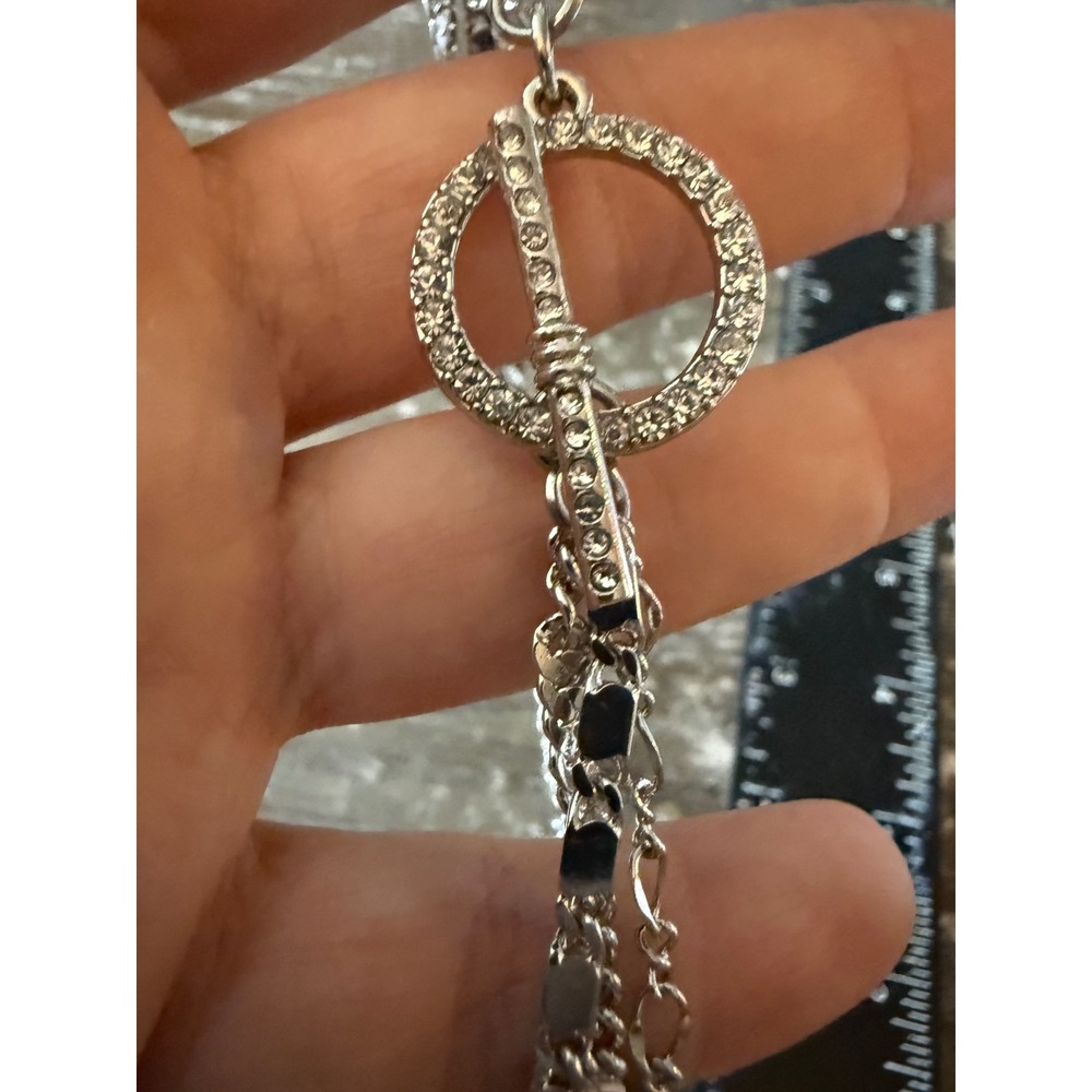 Silver Tone Multi Strand Layered Chain Necklace Rhinestone Toggle Clasp 17in